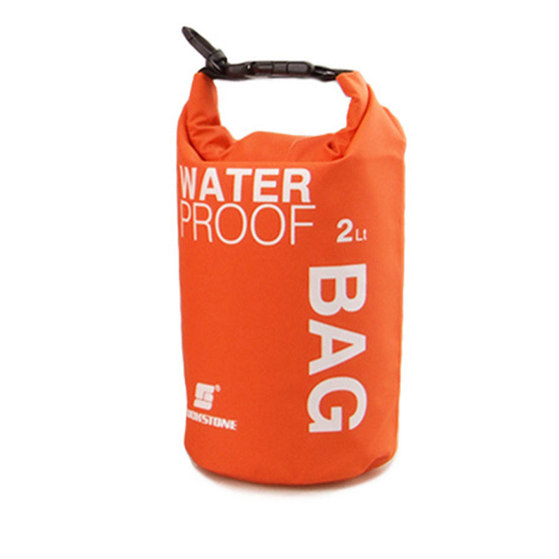 Orange waterproof bag with white text on a white background