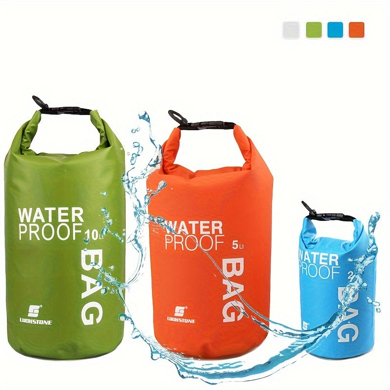 Three waterproof bags in green, orange, and blue with visible brand name on a white background.