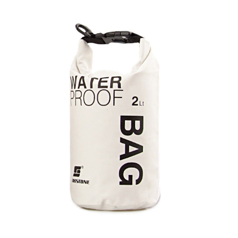White waterproof bag with black text on a white background