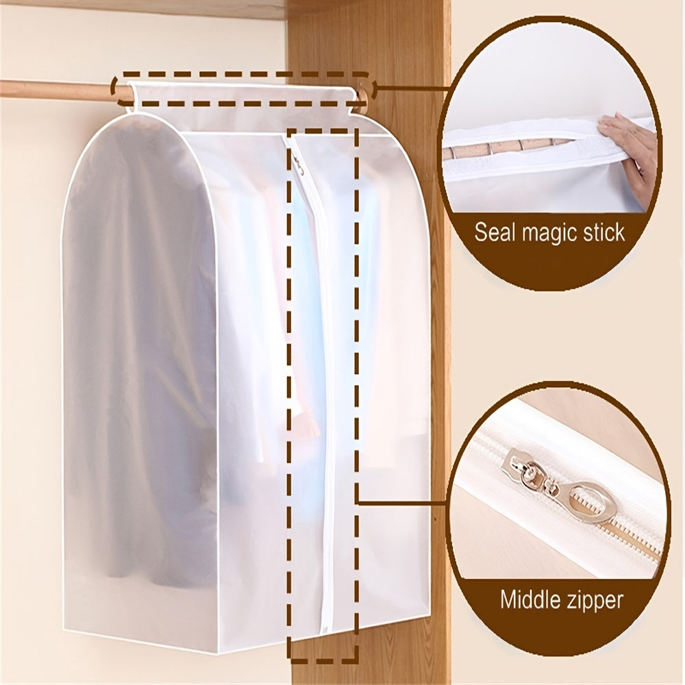 Hanging garment cover with seal magic stick and middle zipper details on a wooden background