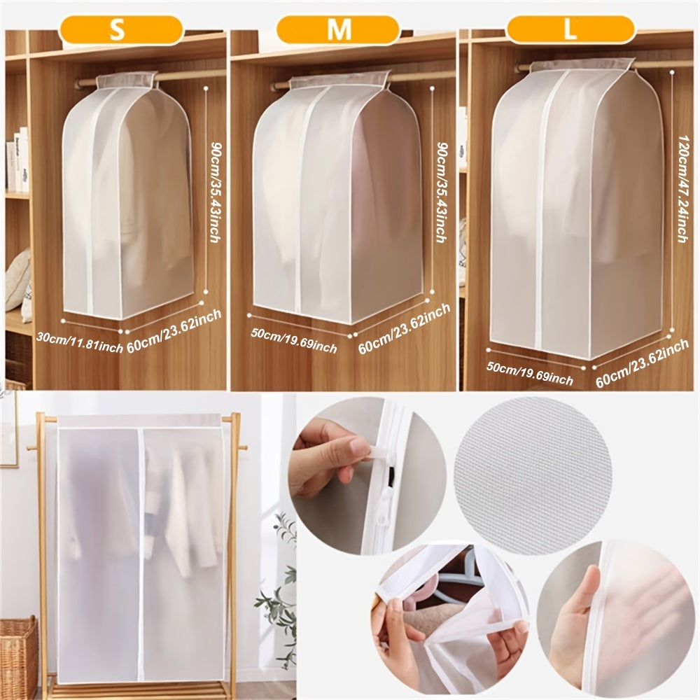Clothing dust covers with size options S, M, and L displayed on a wooden shelf.