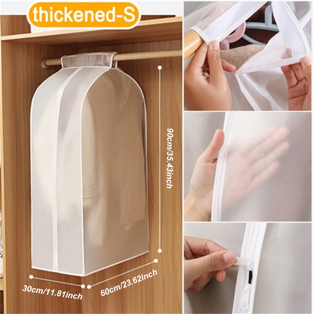 Transparent garment bag with measurements on a wooden background, showing how to use it.