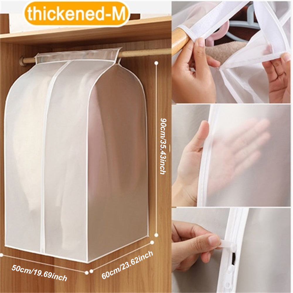 Clear garment bag with measurements on a wooden surface, showing how to use it.