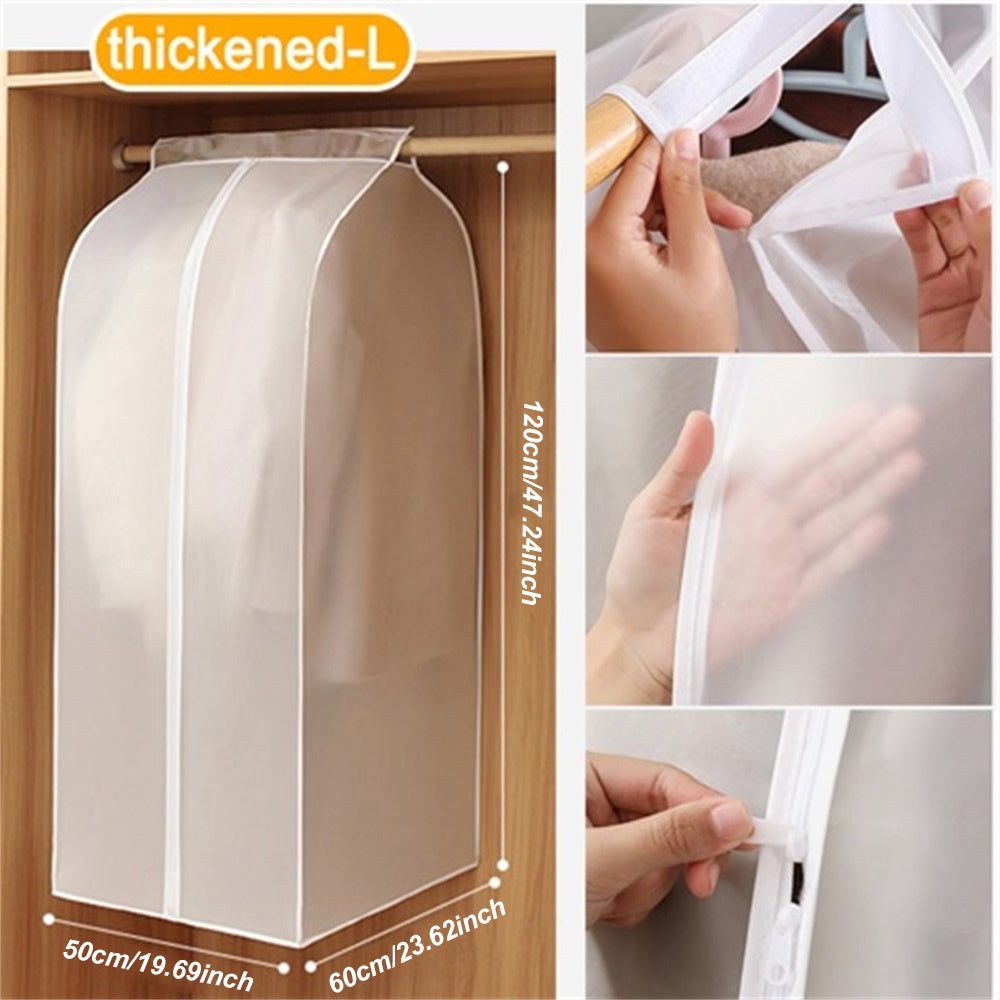 Collage of a thickened-L garment bag with measurements and usage instructions.