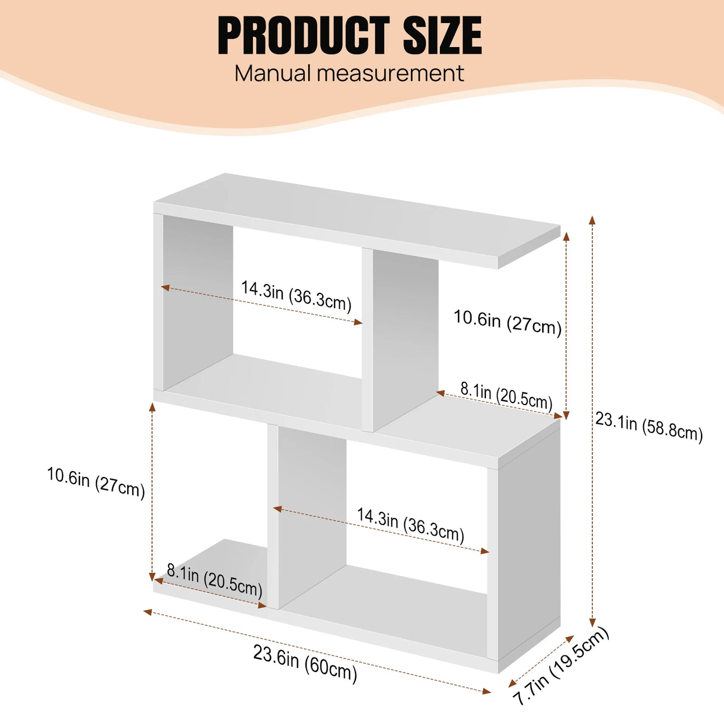 White bookshelf with dimensions labeled on a white background