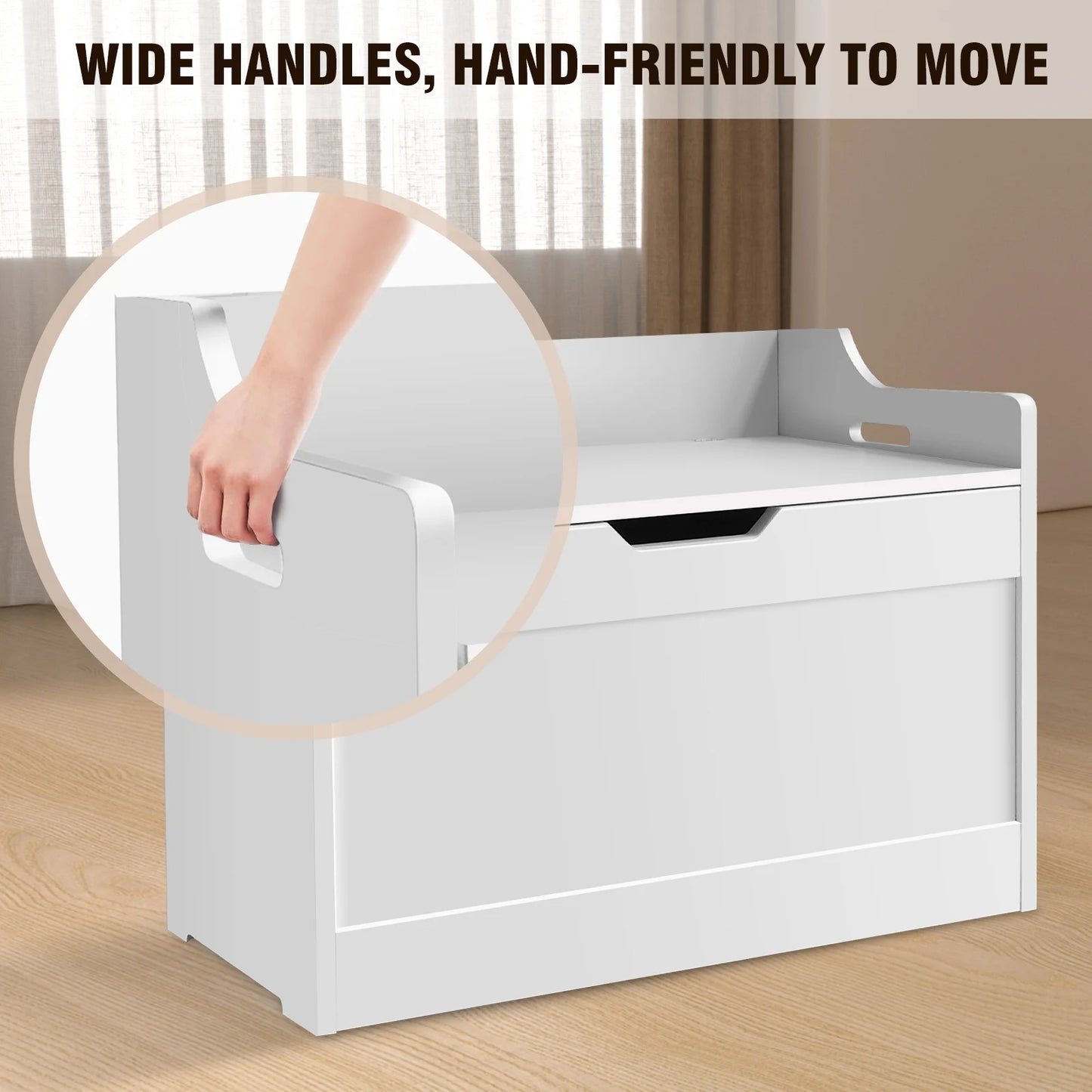 White storage bench with wide handles, hand-friendly to move, on a wooden floor.