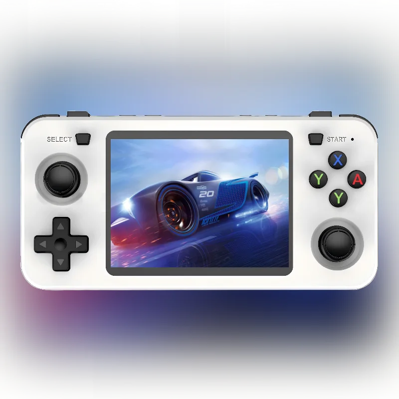 Handheld gaming console with a screen displaying a racing game on a gradient background