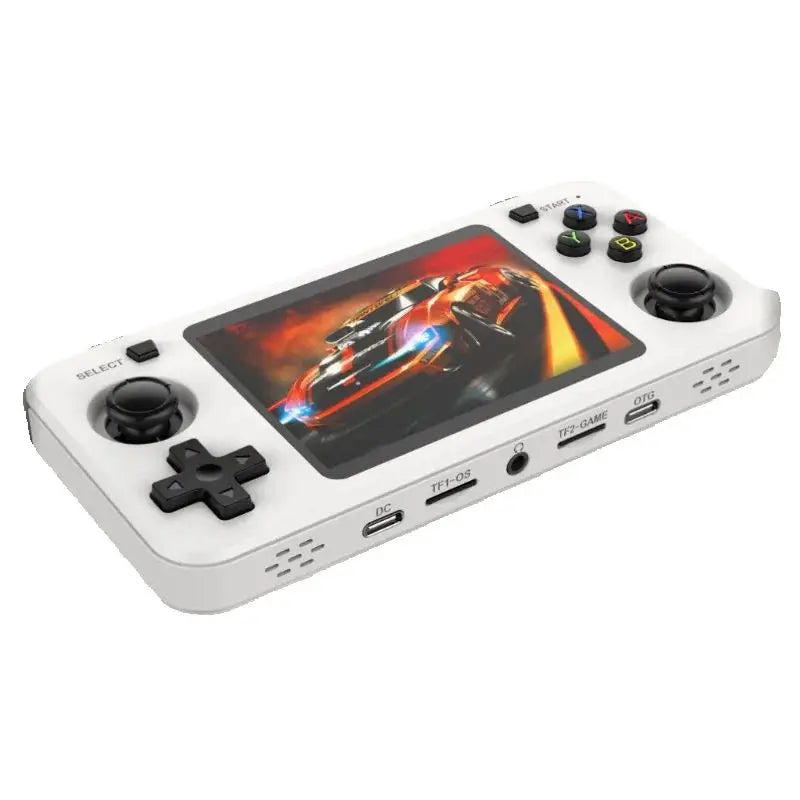 Handheld gaming console with screen displaying a racing game on a white background