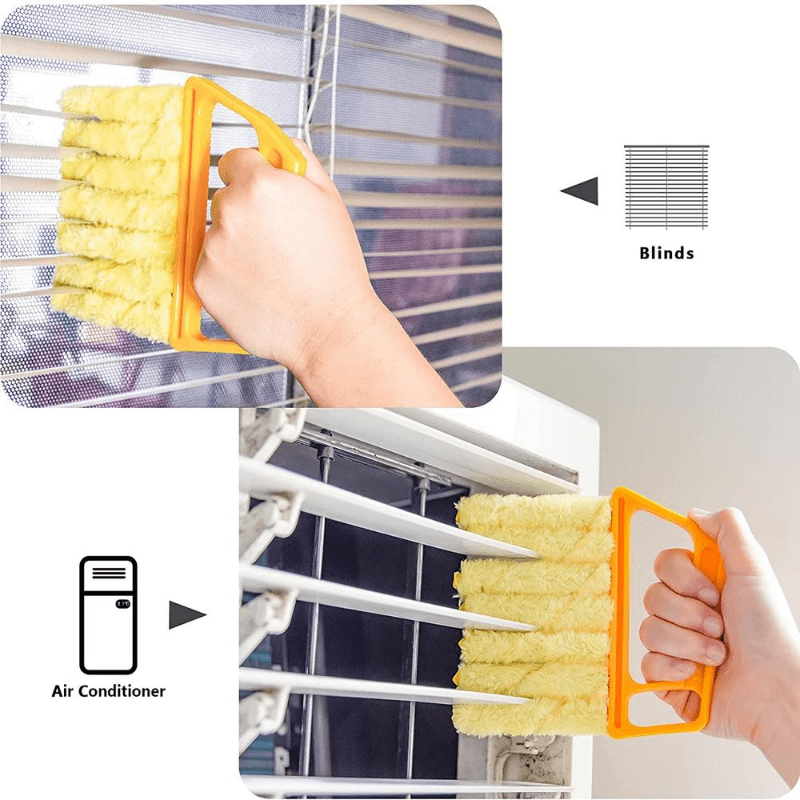 Cleaning tool being used on blinds and air conditioner filters.