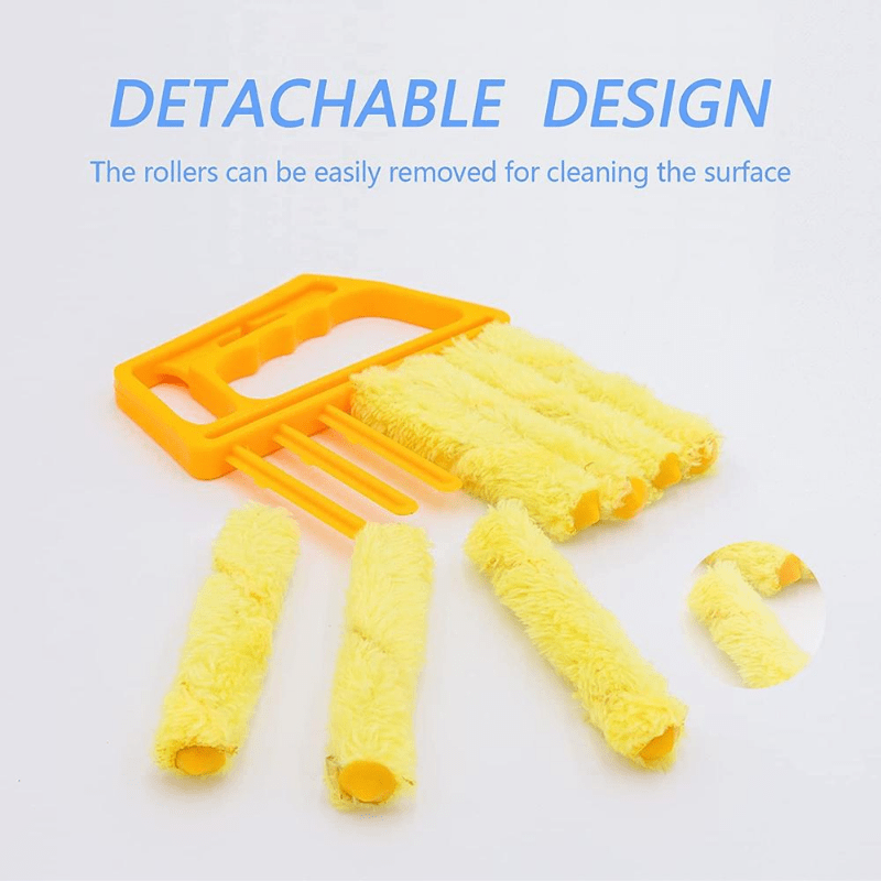 Yellow rollers with orange holder on a white background, highlighting detachable design.