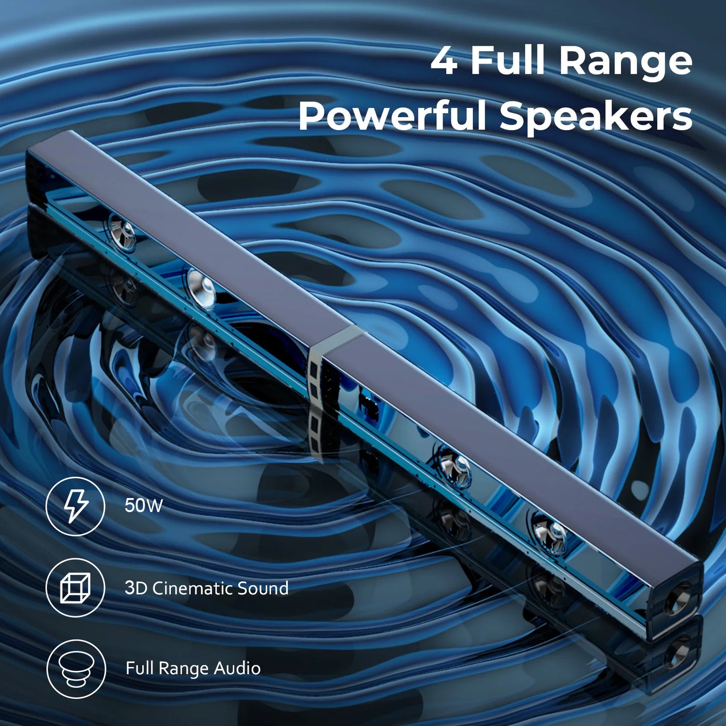 Speaker system with blue water effect and text highlighting features on a white background