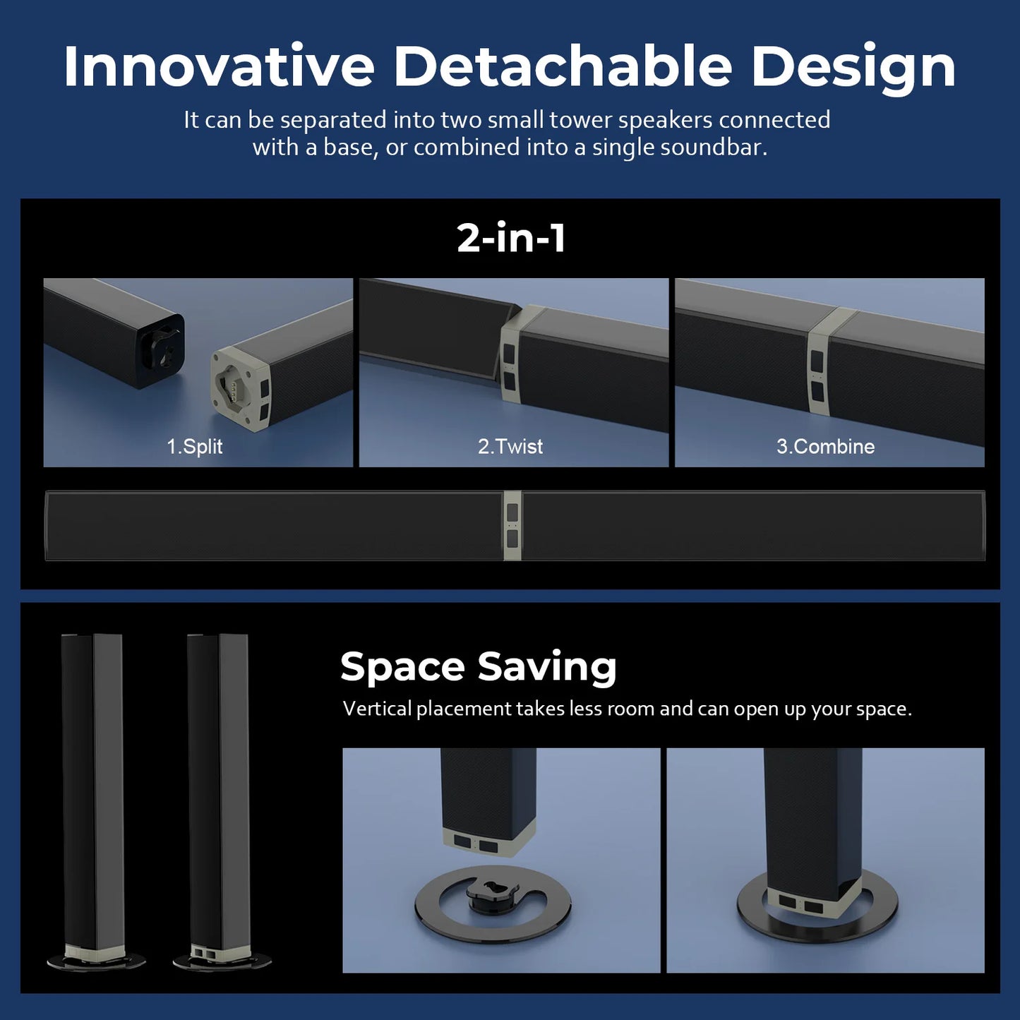 Innovative detachable design of a soundbar with space-saving features on a blue background.