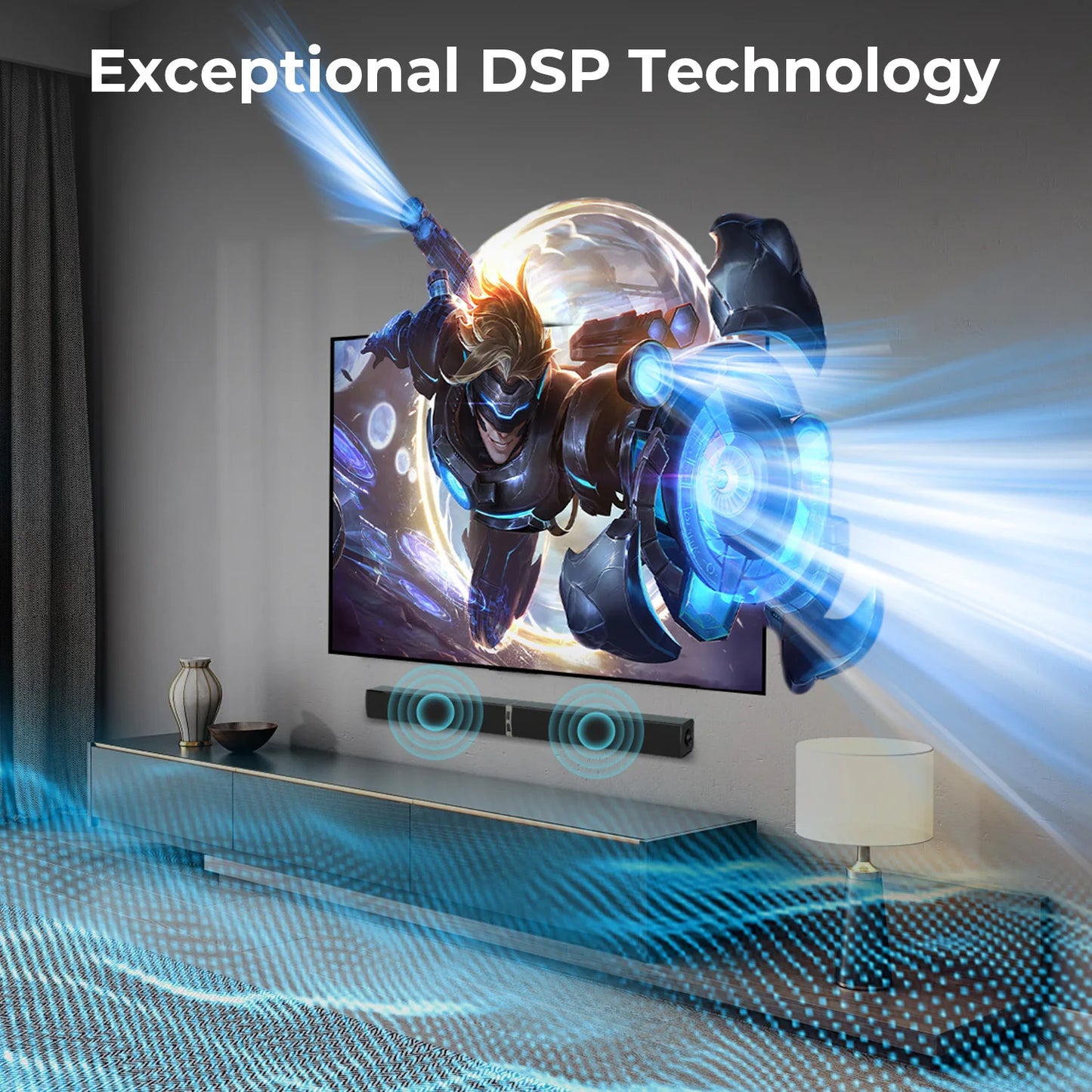 Television displaying a superhero graphic with sound waves emanating from a soundbar, emphasizing DSP technology.