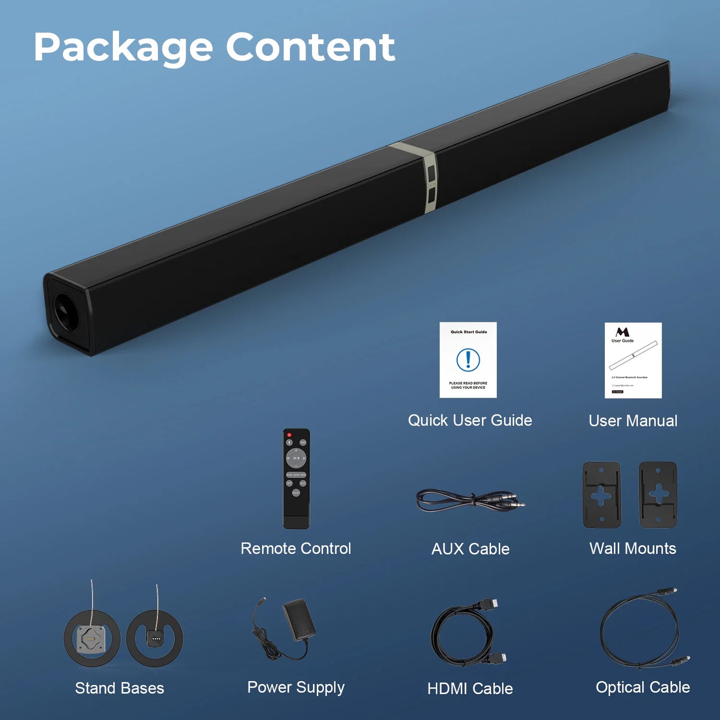 Soundbar with packaging content list including remote control, user manual, and cables on a blue background