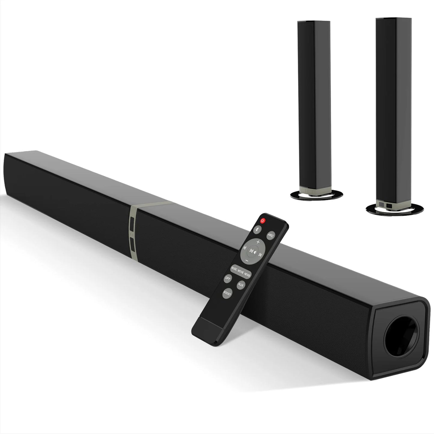 Black soundbar with remote control and two speakers on a white background