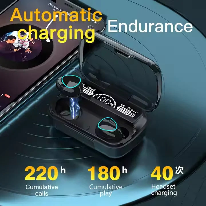 Wireless earbuds with charging case and charging statistics on a dark background