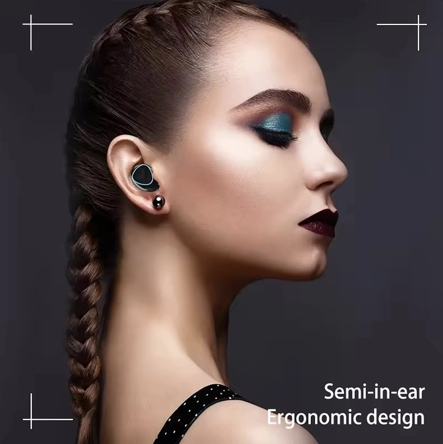 Woman wearing a semi-in-ear electronic device with text 'Semi-in-ear Ergonomic design' on a dark background