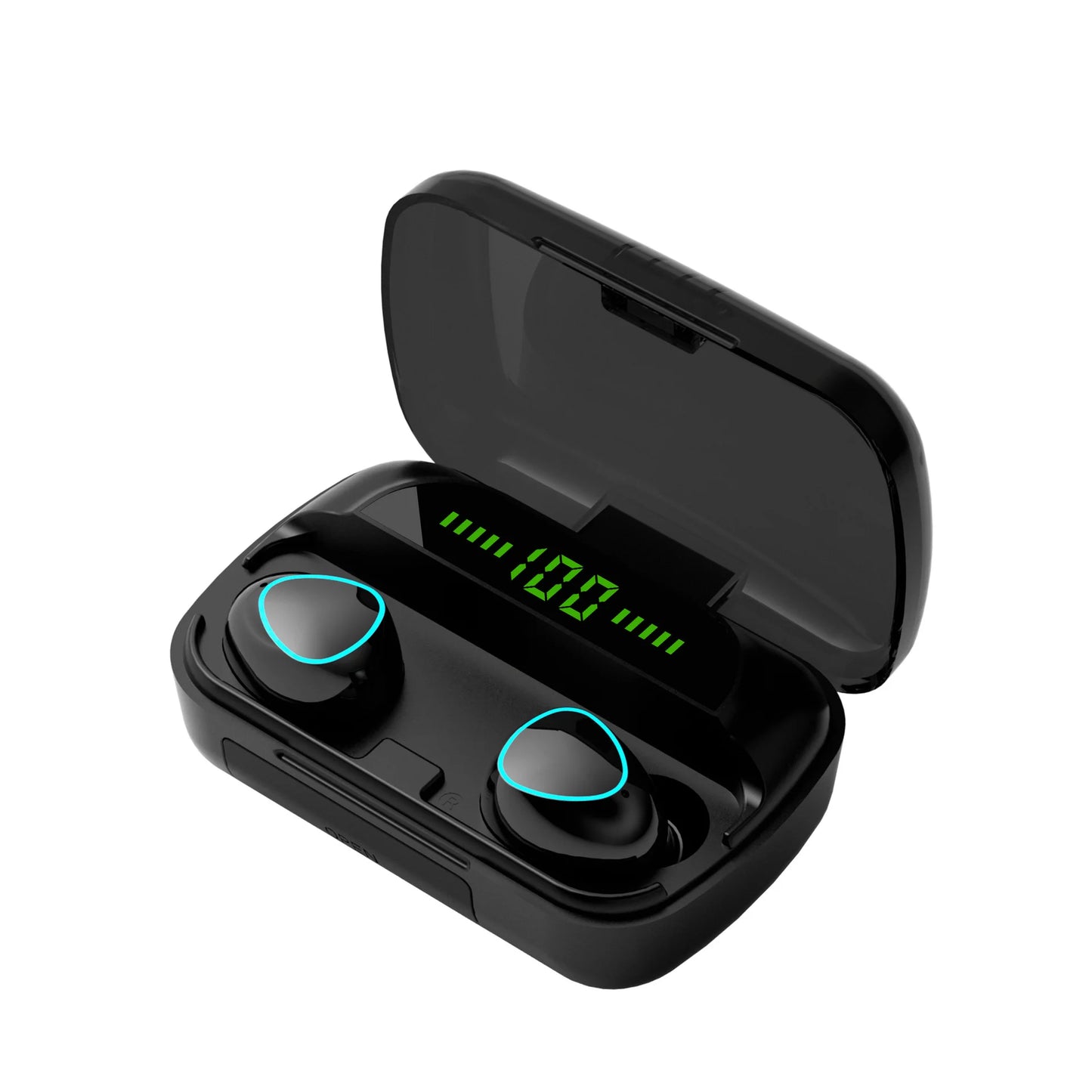 Black wireless earbuds with charging case on a white background