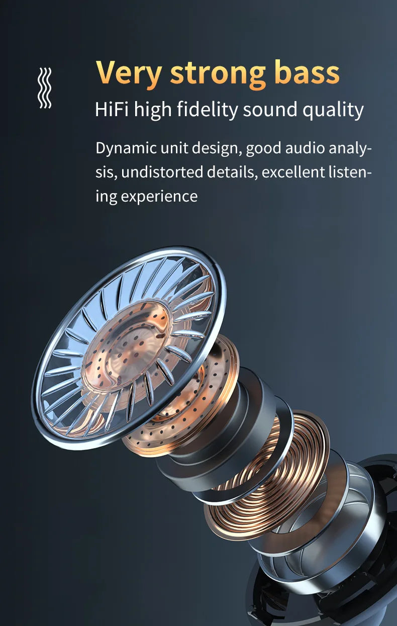 Close-up of a high-fidelity sound system component with text about bass quality on a dark background.