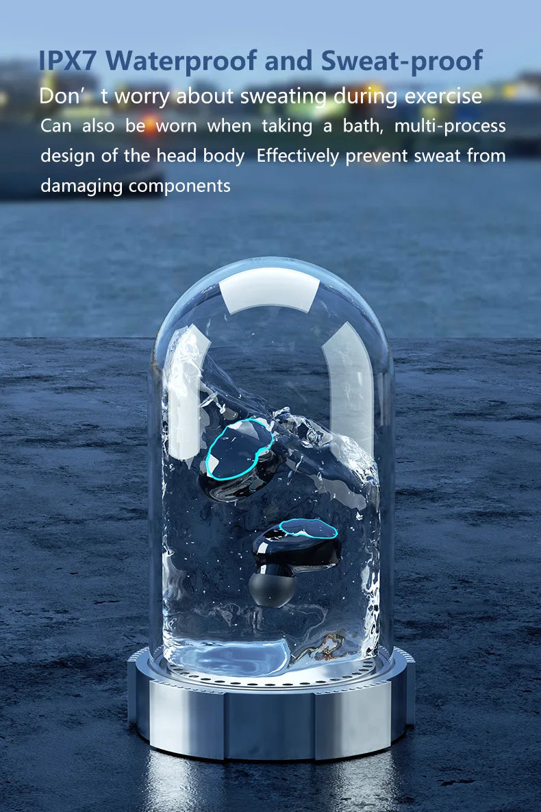 Wireless earbuds in a clear dome with water droplets, set against a blurred outdoor background.