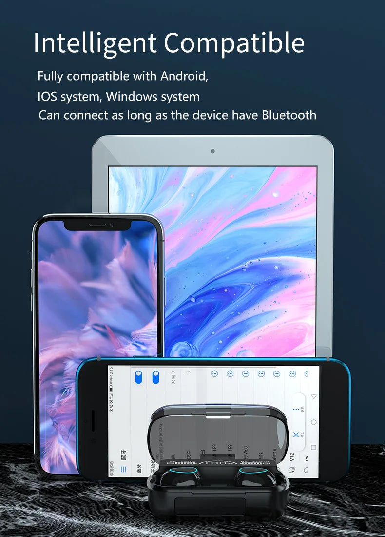 Smartphone, tablet, and wireless earbuds with text about compatibility on a dark background