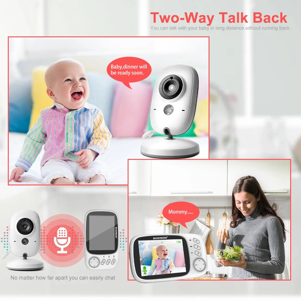 Baby monitor with two-way talk back feature, showing a baby and a woman using the device.