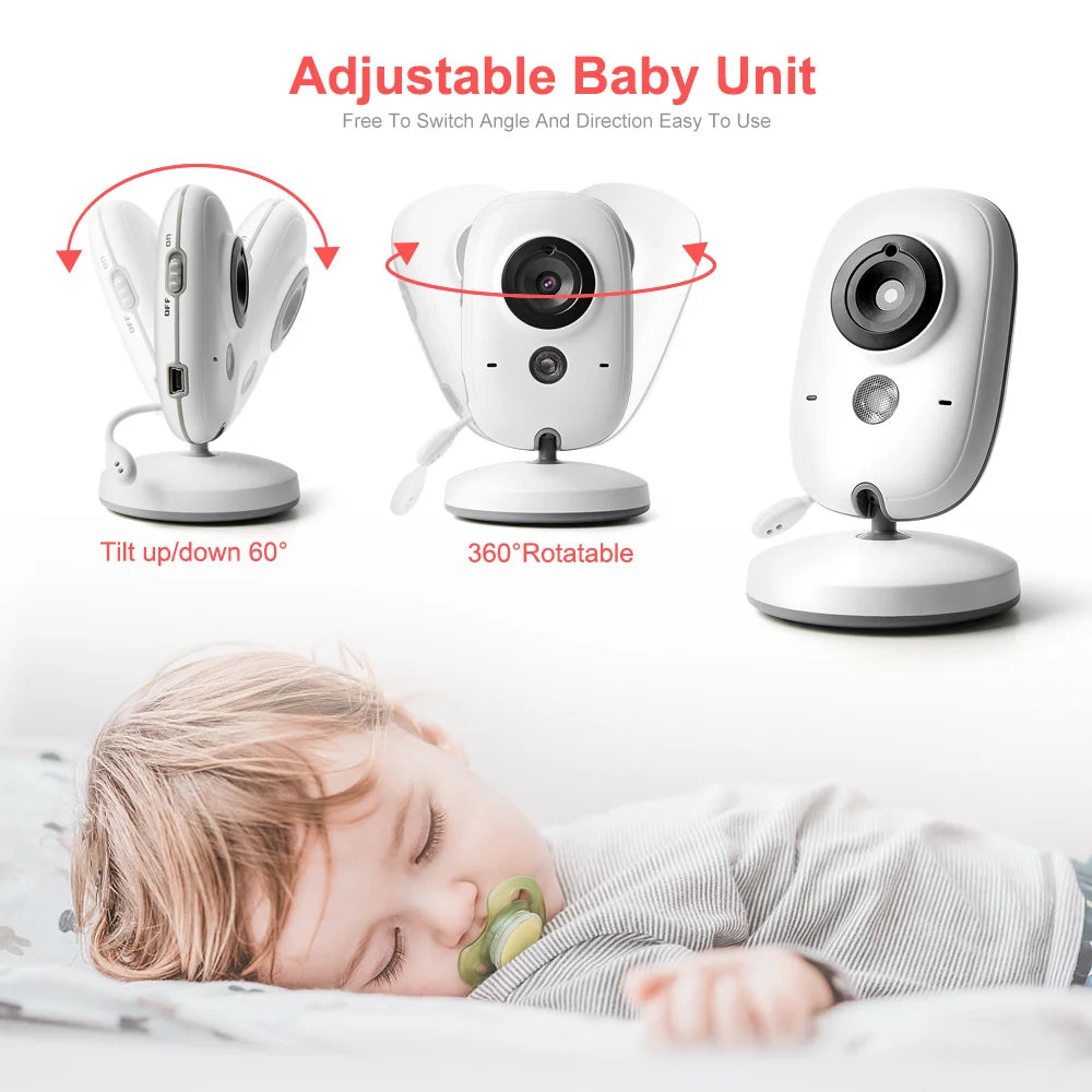 Baby monitor with adjustable features and a child sleeping in the background