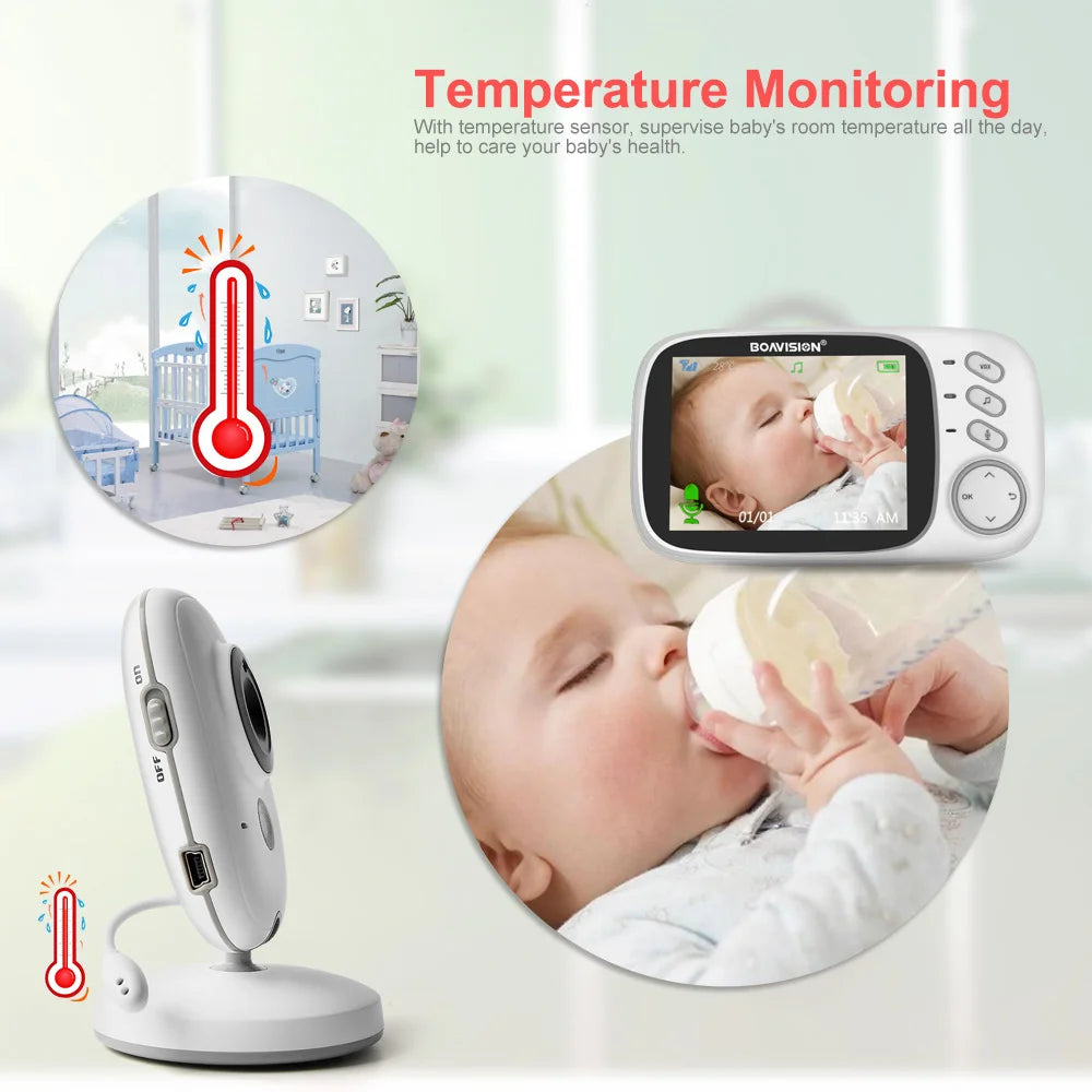 Baby monitor with temperature sensor feature, showing a baby and temperature icon.