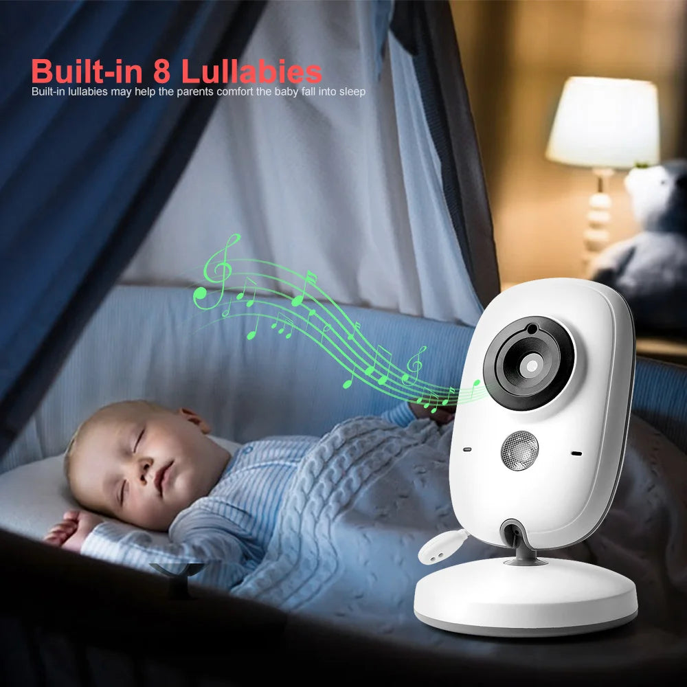 Baby monitor with lullabies feature displayed in a bedroom setting