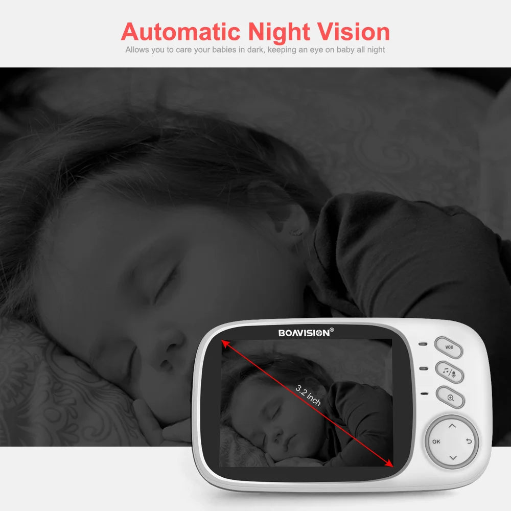 Baby monitor with screen displaying a baby and text 'Automatic Night Vision' on a dark background.