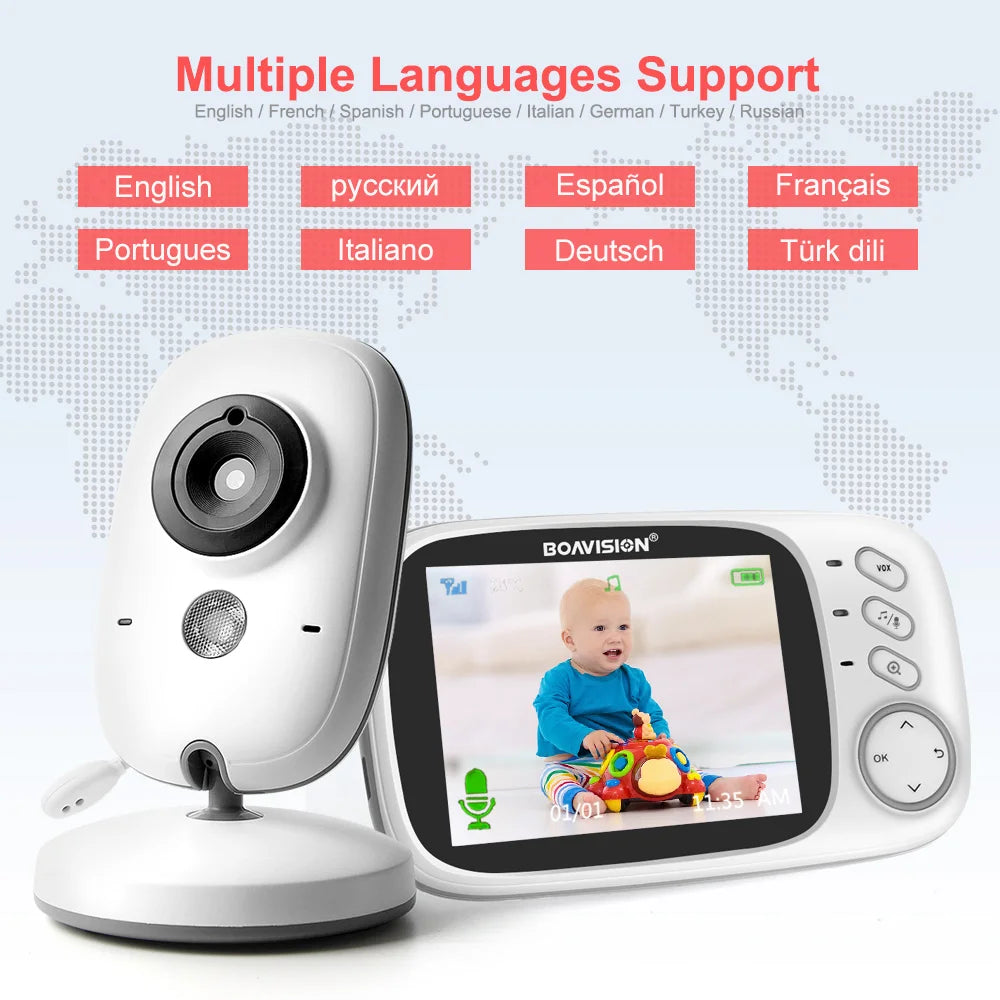 Baby monitor with screen displaying a baby and multiple language support text above it.