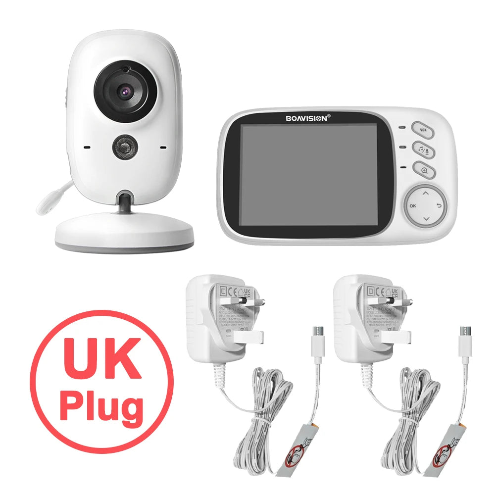 Baby monitor with camera and display, power adapter, and cables on a white background.