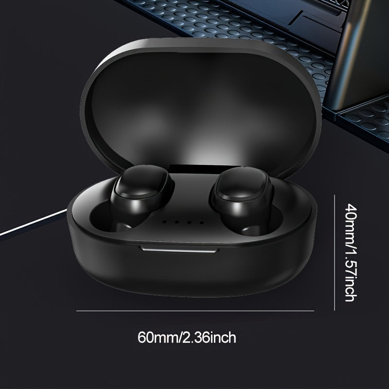 Black wireless earbuds in a charging case with measurements on a dark background
