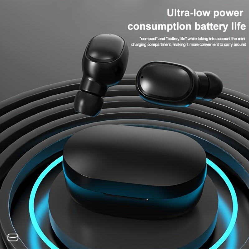 Black wireless earbuds with charging case on a dark background