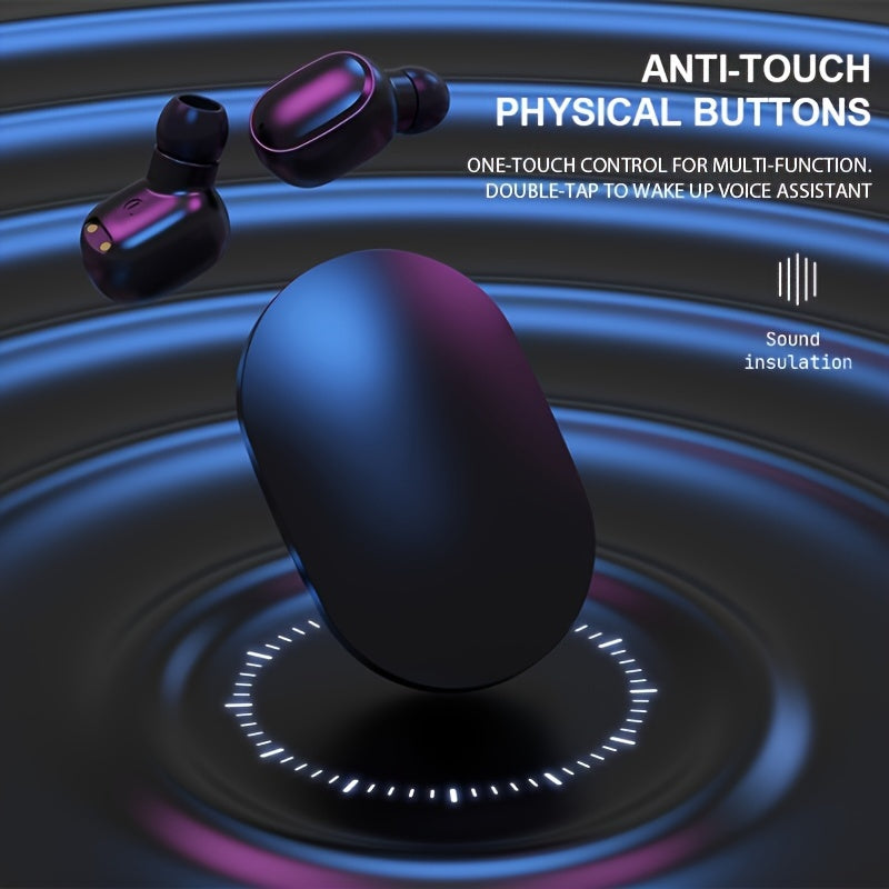 Black wireless earbuds with text on an abstract blue and black background