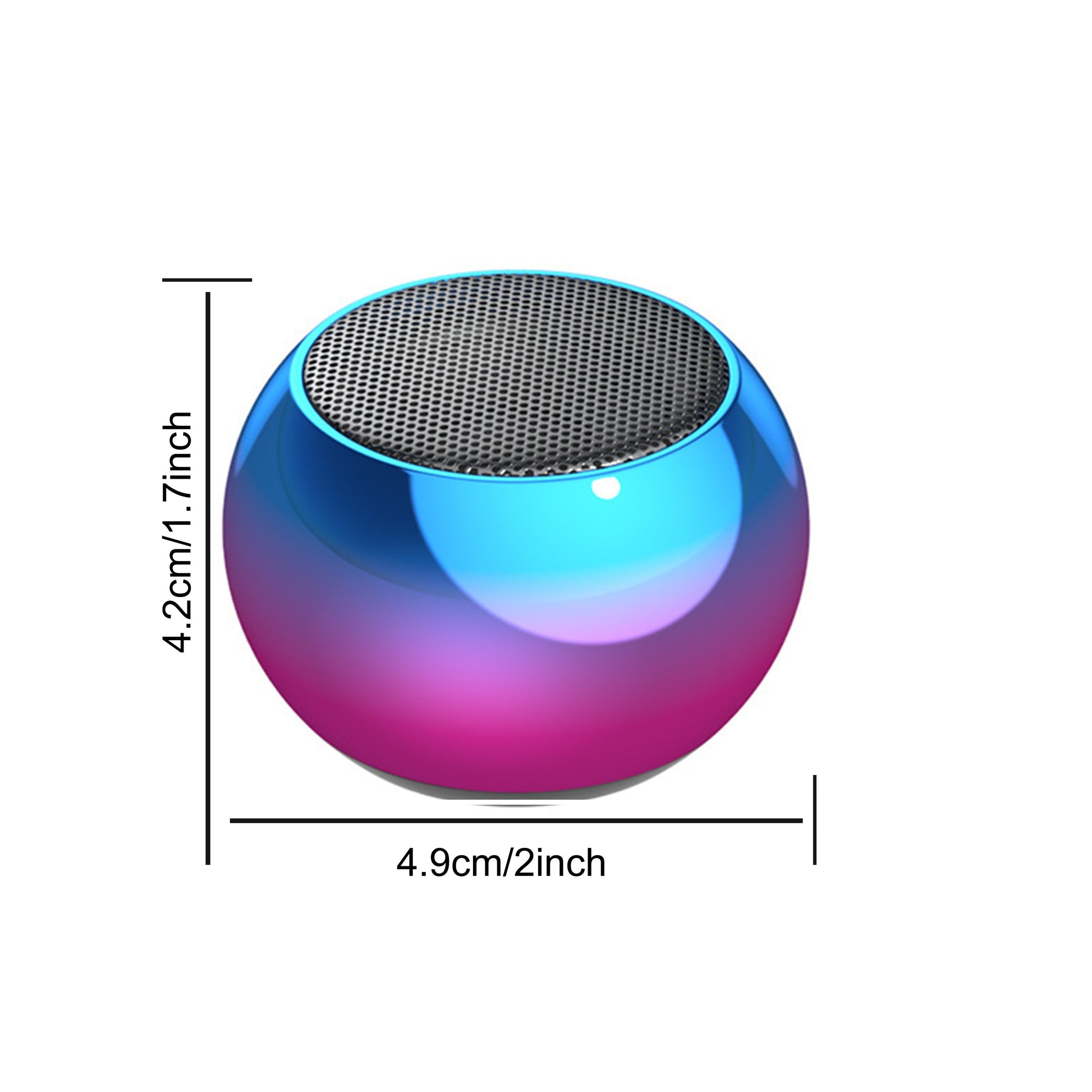 Multicolored spherical speaker with dimensions on a white background