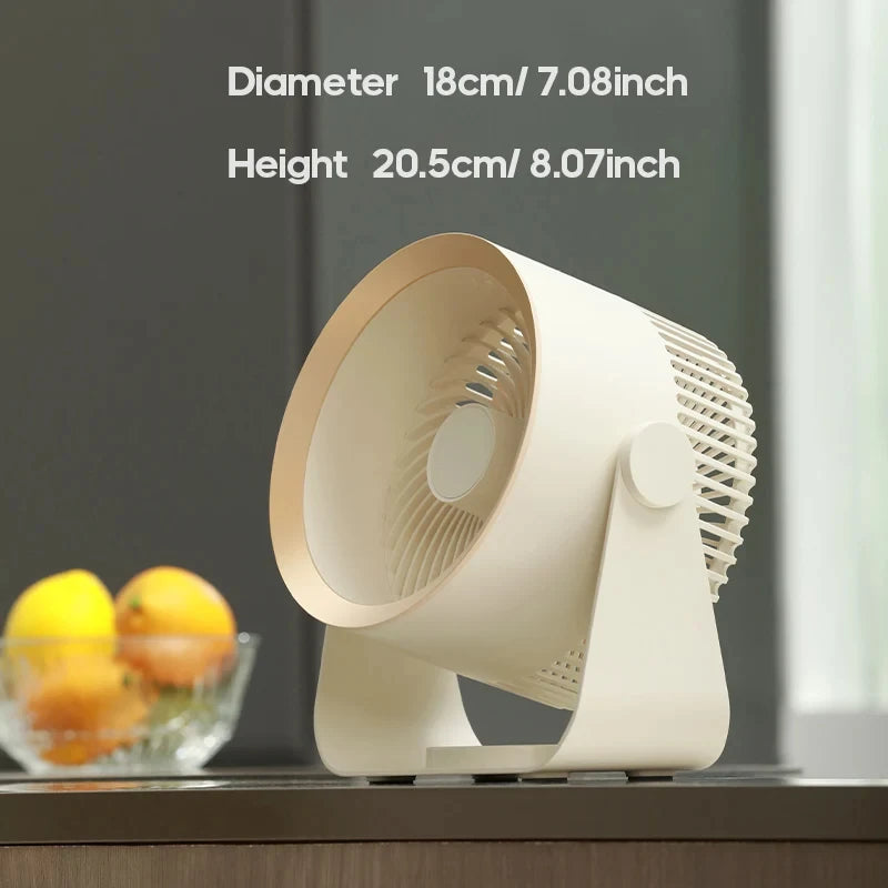 Small white fan on a surface with dimensions displayed
