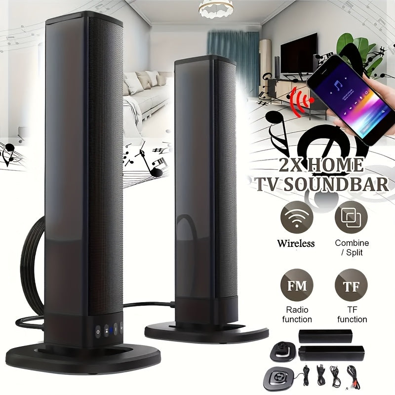 Two black home TV soundbars with a smartphone and room setup illustration.