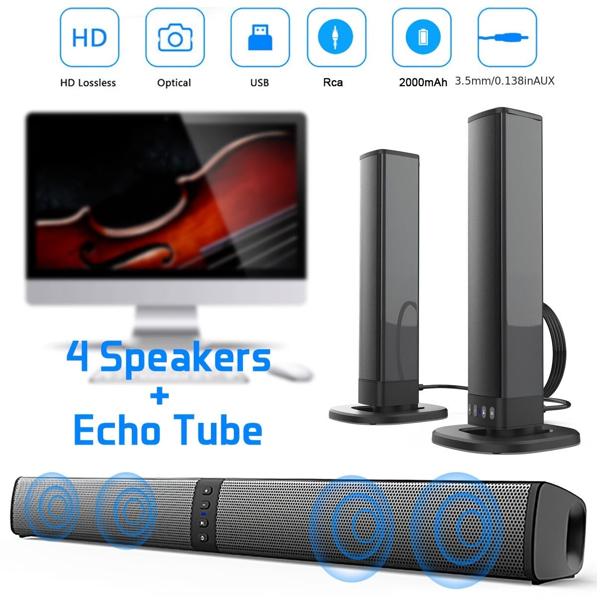Soundbar with speakers and echo tube on a white background