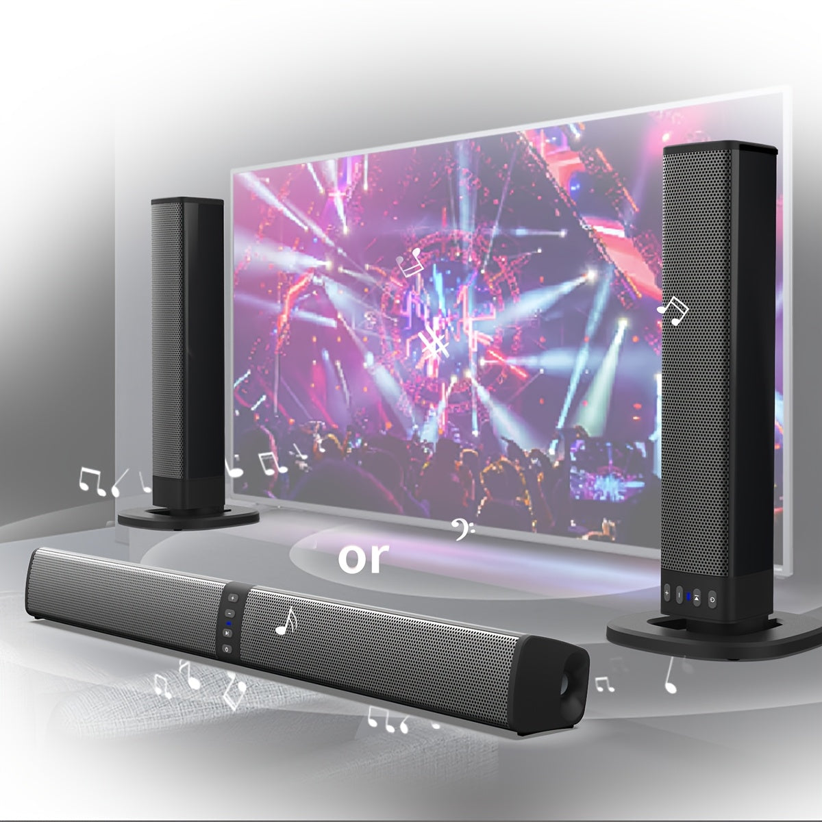 Soundbar with two speakers in front of a large screen displaying a vibrant, colorful display.