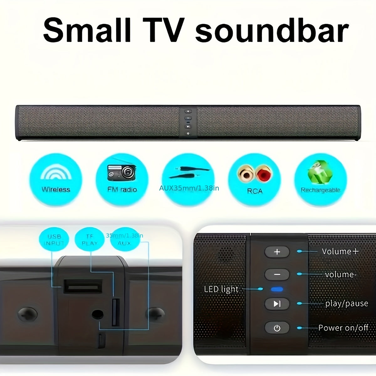 Small TV soundbar with connectivity options and control panel on a white background