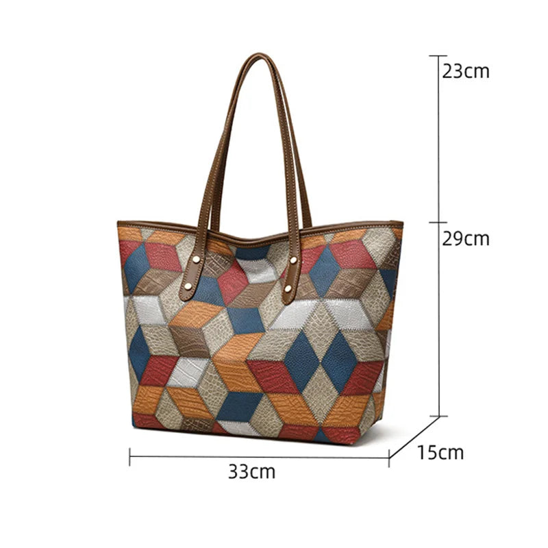 Multicolored geometric patterned handbag with measurements on a white background