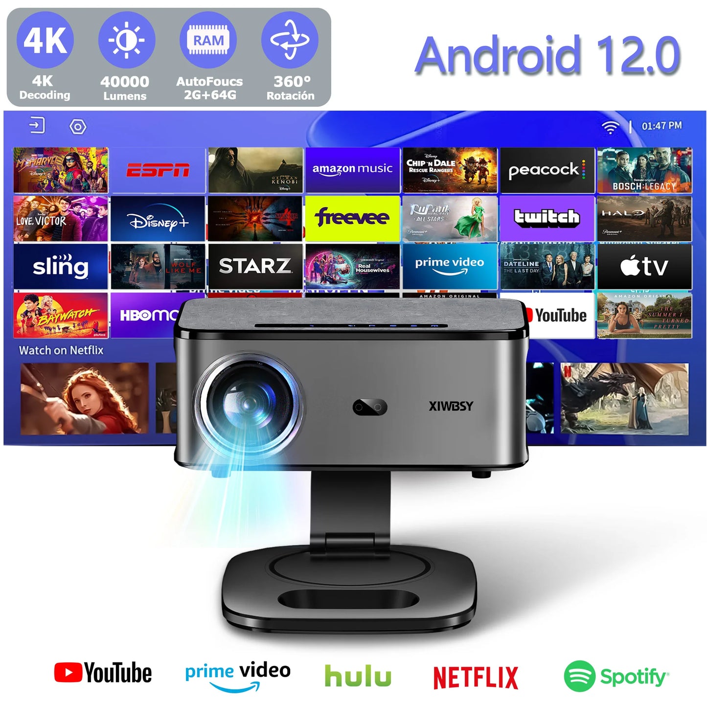 XIVIBBY projector with streaming platform logos on a white background