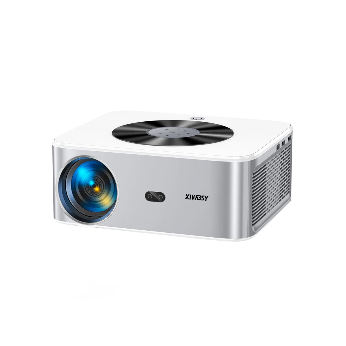 White projector with blue lens on a white background