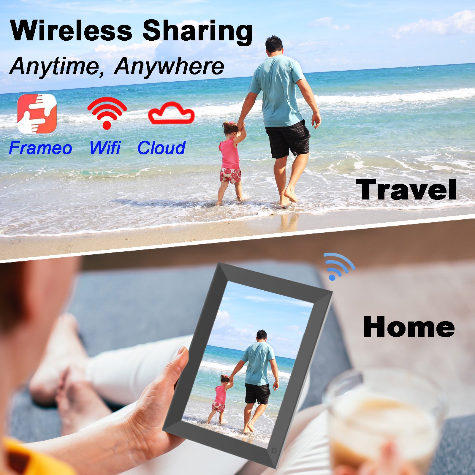 Two people walking on a beach with text about wireless sharing and images of a digital photo frame.