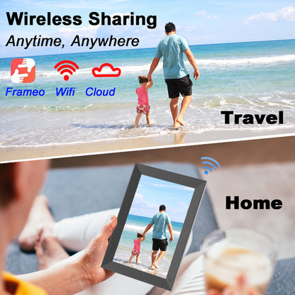 Two people walking on a beach with text about wireless sharing and images of a digital photo frame.