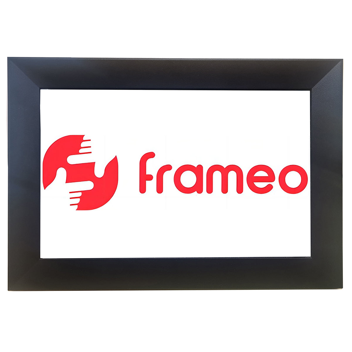Black-framed digital photo frame with 'frameo' logo on a white background