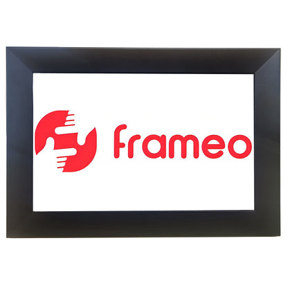 Black-framed digital photo frame with 'frameo' logo on a white background