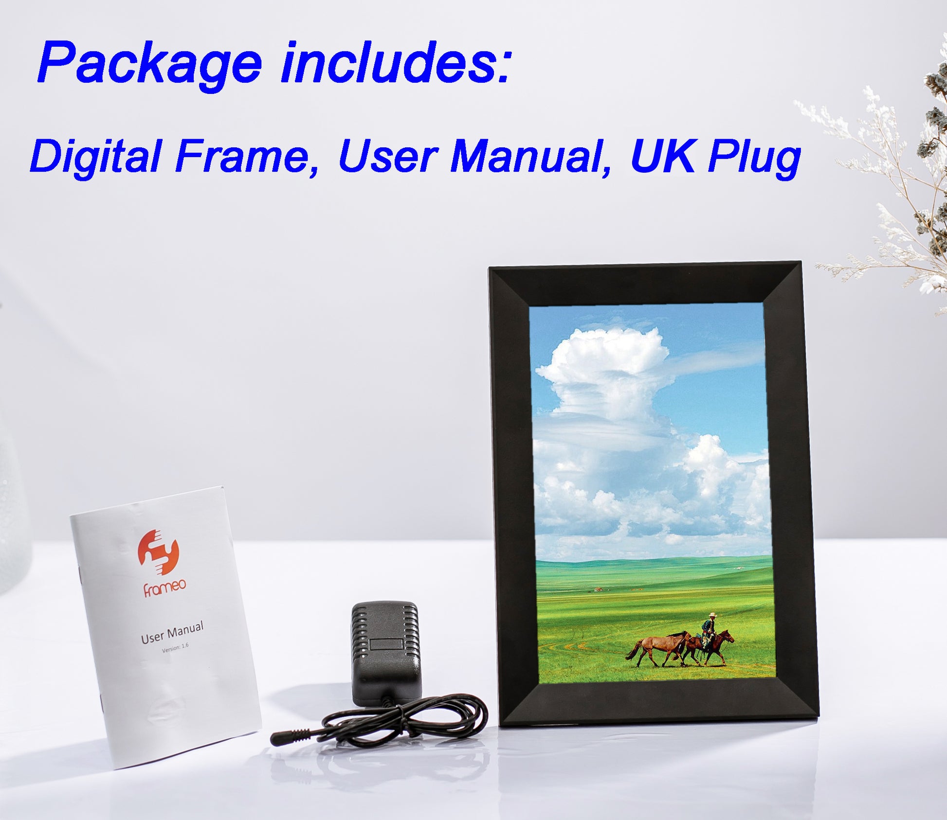 Digital frame with a horse and landscape image, user manual, and UK plug on a white background