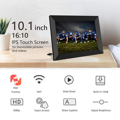 10.1 inch digital photo frame with screen displaying football players, placed on a wooden surface.
